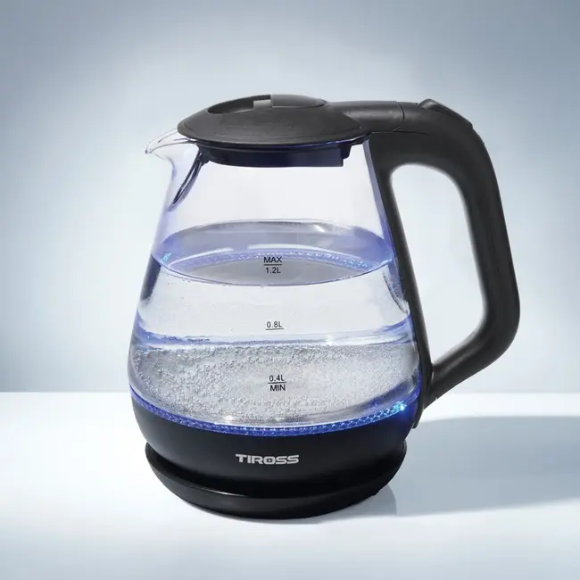 TIROSS Glazen waterkoker 1,2 liter met blauwe LED en waterfilter