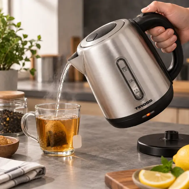 TIROSS Waterkoker 1,2 liter van RVS met waterniveau en waterfilter