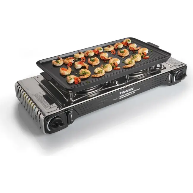 TIROSS Grillpan 53 x 28 cm van aluminium met antiaanbaklaag voor tweepits campingkooktoestel