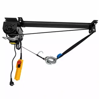 Merkloos Elektrische takel 220V, staal zwart gepoedercoat, max gewicht 125Kg. Geschikt voor (elektrische)fietsen en lichte bromfietsen. Bedieningsunit voorzien van noodstop. CE gekeurd .