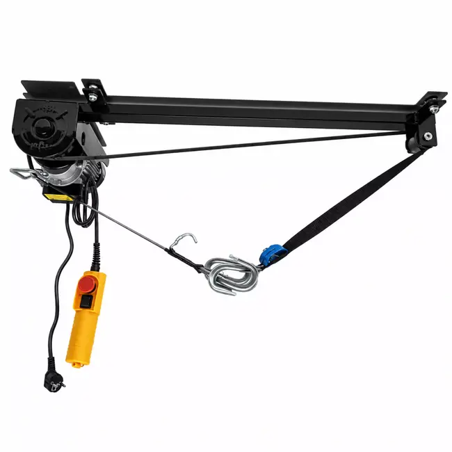 Merkloos Elektrische takel 220V, staal zwart gepoedercoat, max gewicht 125Kg. Geschikt voor (elektrische)fietsen en lichte bromfietsen. Bedieningsunit voorzien van noodstop. CE gekeurd .