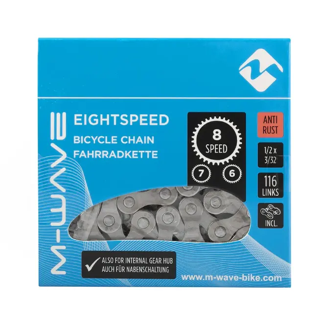 M-Wave ketting 6/7/8-speed, 1/2x3/32 116L zilver anti-roest (hangverpakking)