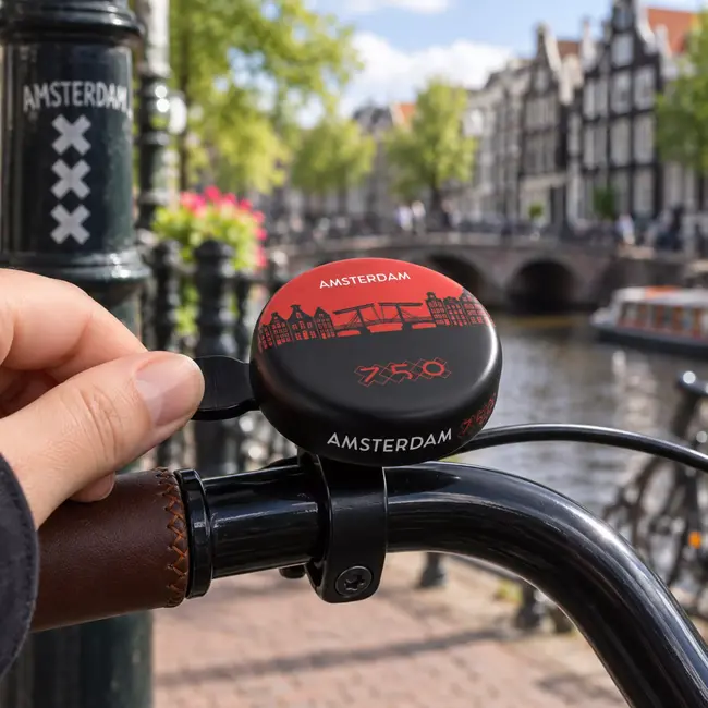 Nietverkeerd Fietsbel ding-dong 60 mm met Mokum silhouet en Amsterdam ontwerp voor montage op de fiets