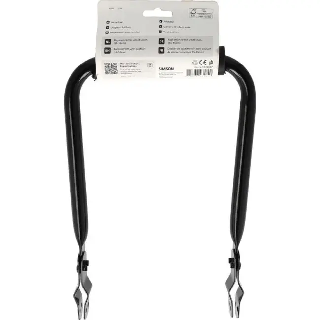 Simson bagagedrager rugsteun 15-16cm Zwart met vinyl rugkussen.