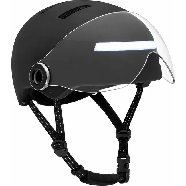 FALKX Helm  met vizier, maat M 55-58cm mat zwart. NTA 8776 goedgekeurd. Voorzien van makkelijke draaisluiting en usb oplaadbaar LED achterlicht en voorlicht