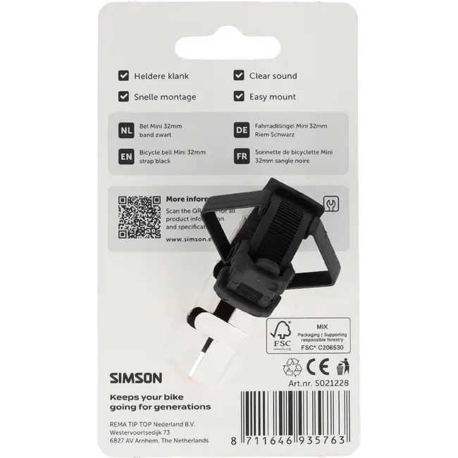 Simson bel mini 32mm met flex-band bevestiging, zwart