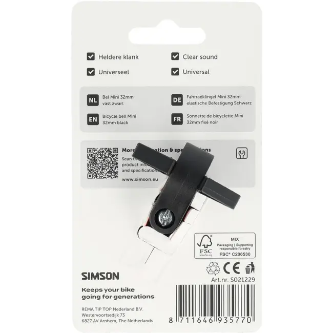 Simson Bel Mini 32mm, vaste kunststof bevestiging, zwart