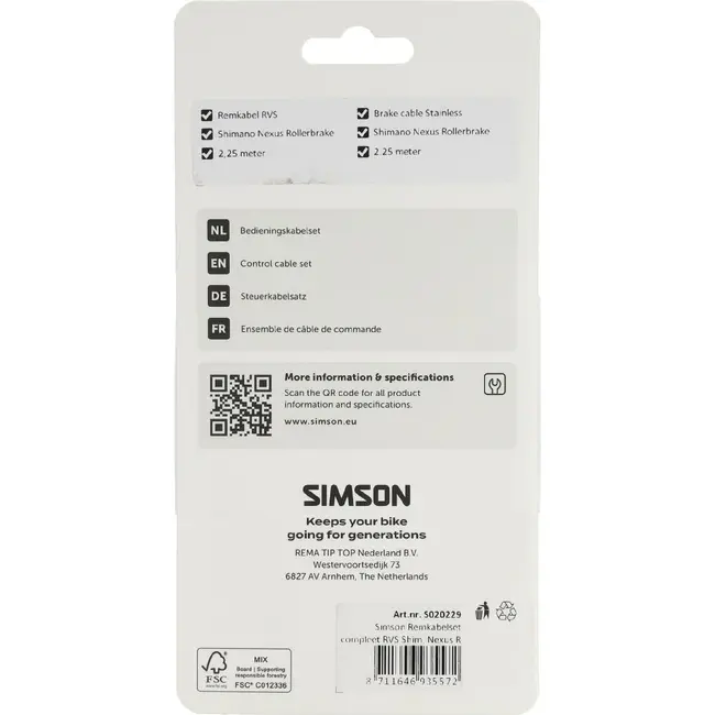 Simson Remkabelset compleet RVS Shimano Nexus Rollerbrake. zwart