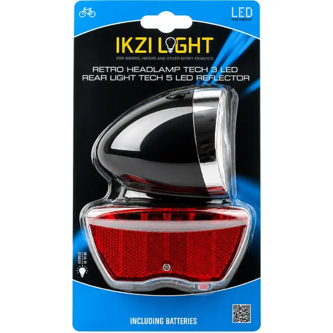 Ikzilight Retro fietsverlichtingsset - 3x LED koplamp en 5x LED achterlicht - Zwart - Batterij - Waterdicht - Standlichtfunctie