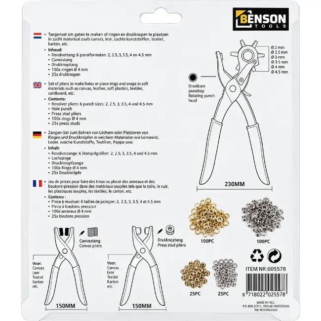 Benson Gatentang set - Revolvertang - Inclusief 3 accessoires - Rood - 3-delig