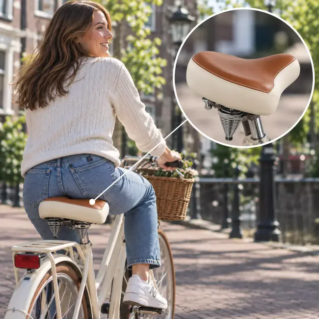Monte Grappa Fietszadel bruin-wit - model NP12-07 met veren en zadelstrop voor dagelijks fietsgebruik