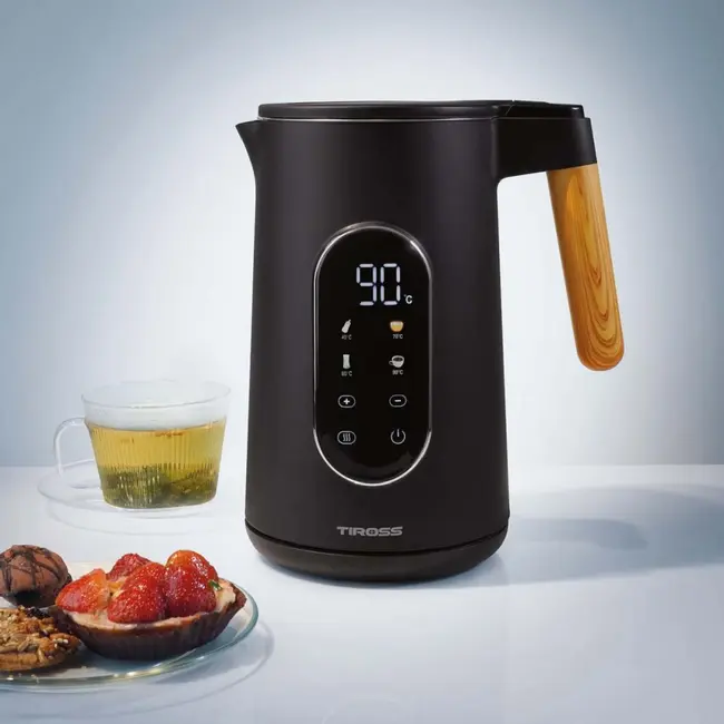 TIROSS Waterkoker 1,7 l met temperatuurregeling en houtlook ontwerp