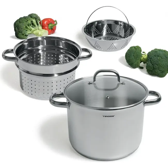 TIROSS Stoompan 7,7 l van RVS 18/10 met stoominzet en kookmand