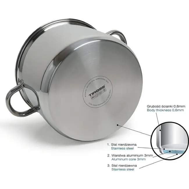 TIROSS Stoompan 7,7 l van RVS 18/10 met stoominzet en kookmand