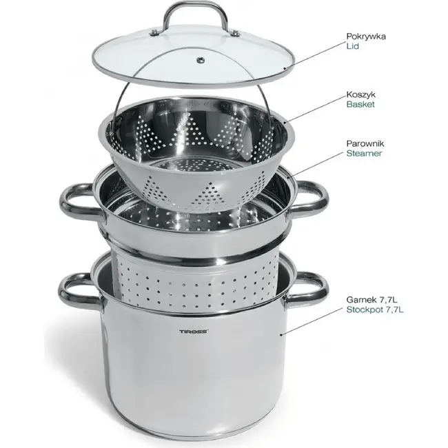 TIROSS Stoompan 7,7 l van RVS 18/10 met stoominzet en kookmand