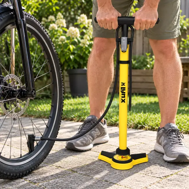 Lynx Voetpomp geel met manometer - stalen buis en aansluiting voor AV, DV en FV fietsventielen