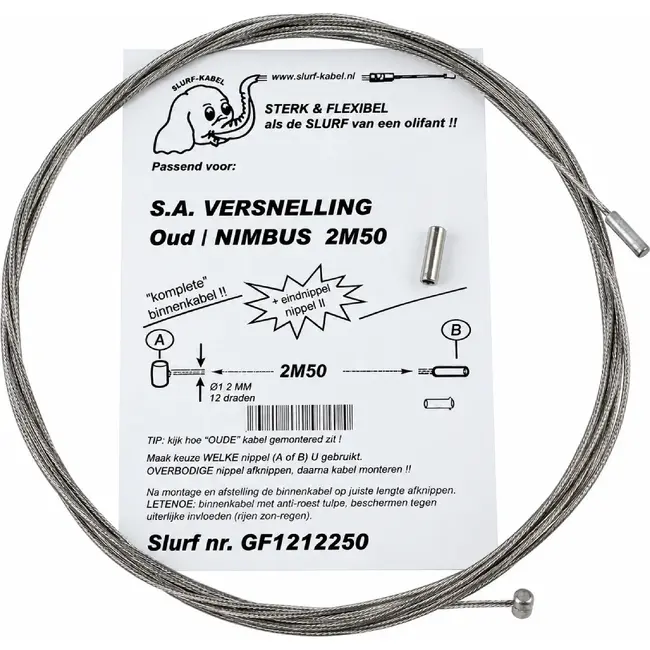 Slurf Versnellingskabel - RVS - Anti-fray nippel - 250 cm - Zilver