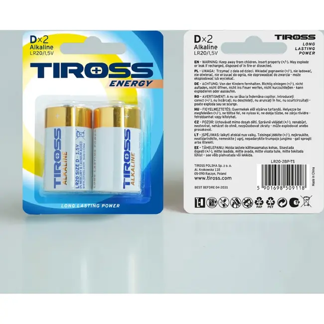 TIROSS D LR20 alkaline batterijen 1,5 V - verpakking met 2 stuks
