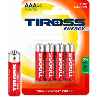 TIROSS AAA R03P zink-koolstof batterijen 1,5 V - verpakking 4 stuks