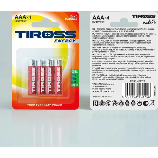 TIROSS AAA R03P zink-koolstof batterijen 1,5 V - verpakking 4 stuks
