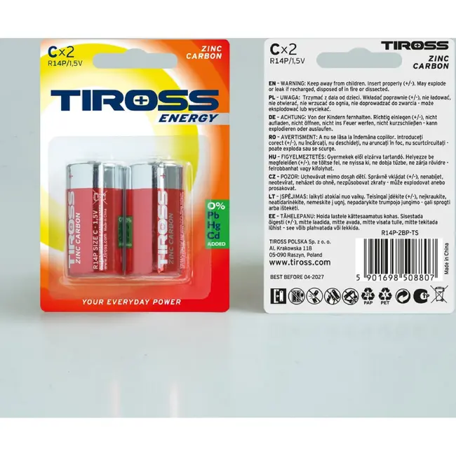 TIROSS C R14P zink-koolstof batterijen 1,5 V - verpakking met 2 stuks
