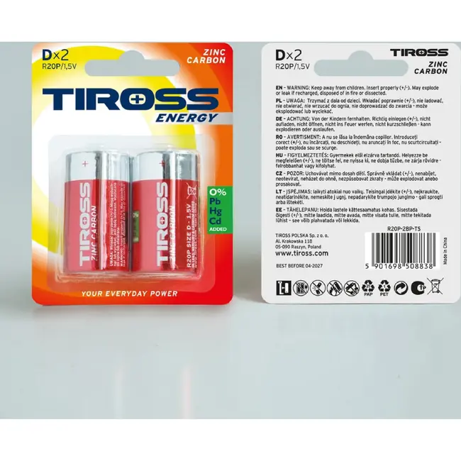 TIROSS D R20P zink-koolstof batterijen 1,5 V - verpakking met 2 stuks