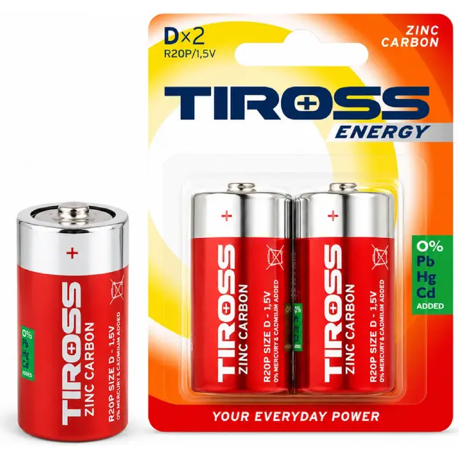 TIROSS D R20P zink-koolstof batterijen 1,5 V - verpakking met 2 stuks