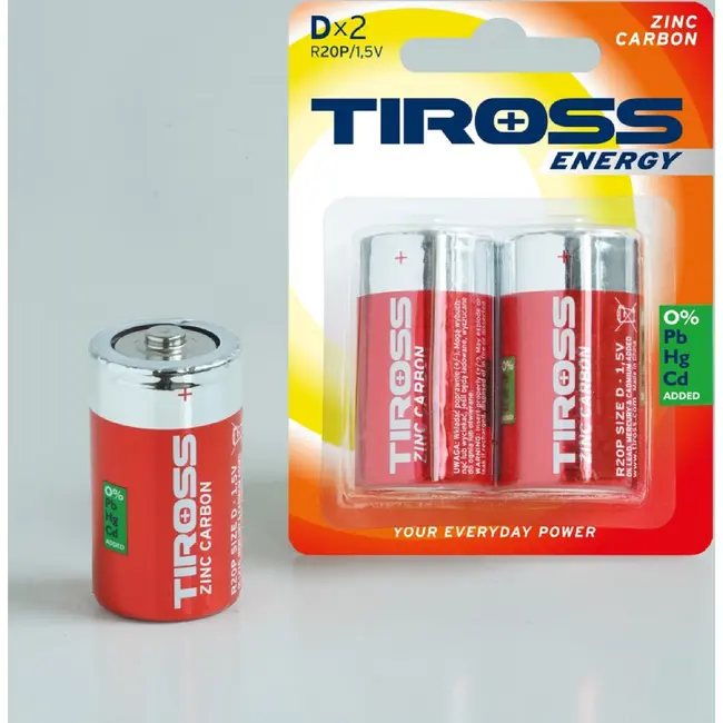 TIROSS D R20P zink-koolstof batterijen 1,5 V - verpakking met 2 stuks