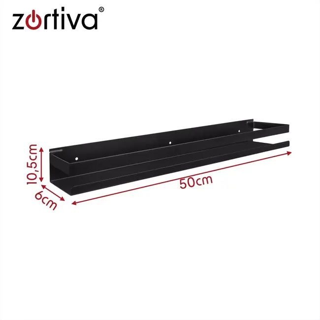 Zortiva Badkamerplank 50 cm - Zwart RVS wandrek met opstaande rand en draagvermogen tot 10 kg