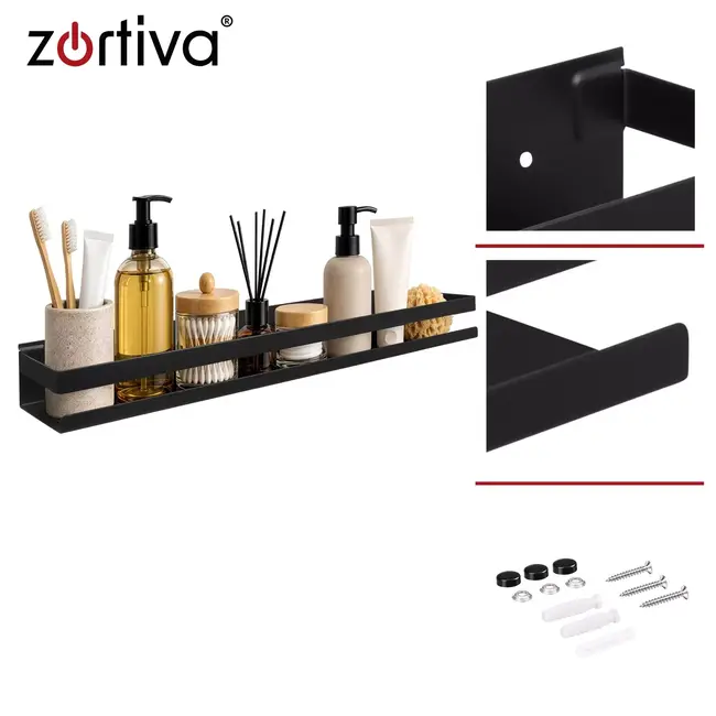 Zortiva Badkamerplank 50 cm - Zwart RVS wandrek met opstaande rand en draagvermogen tot 10 kg