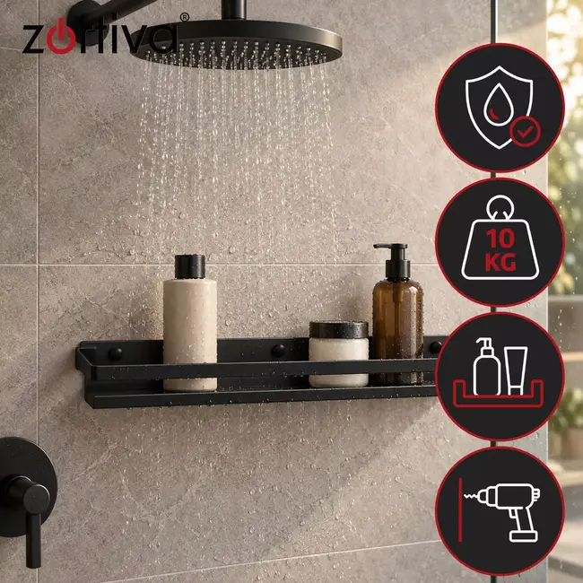 Zortiva Badkamerplank 50 cm - Zwart RVS wandrek met opstaande rand en draagvermogen tot 10 kg