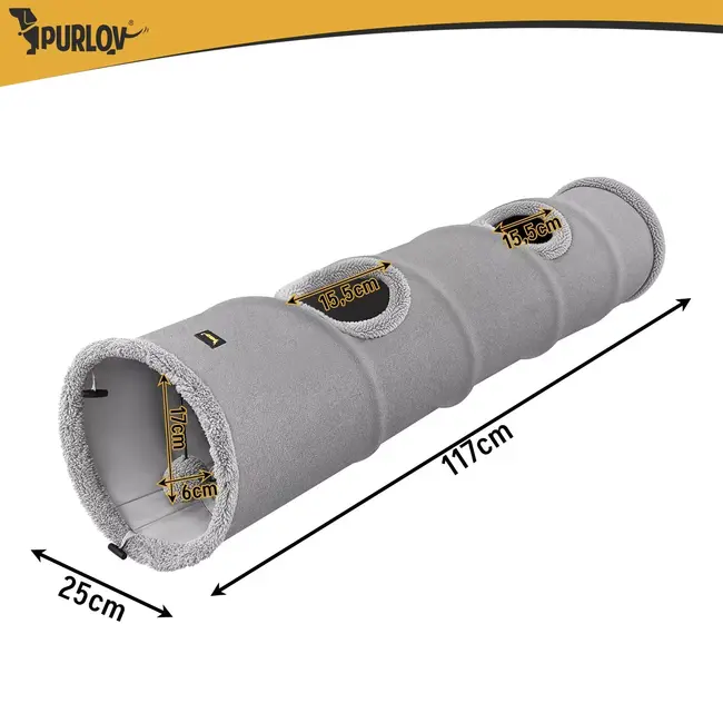 Purlov Kattentunnel 120 x 25 cm - Met 2 zijopeningen, ritselstof en hangend pluche speelballetje