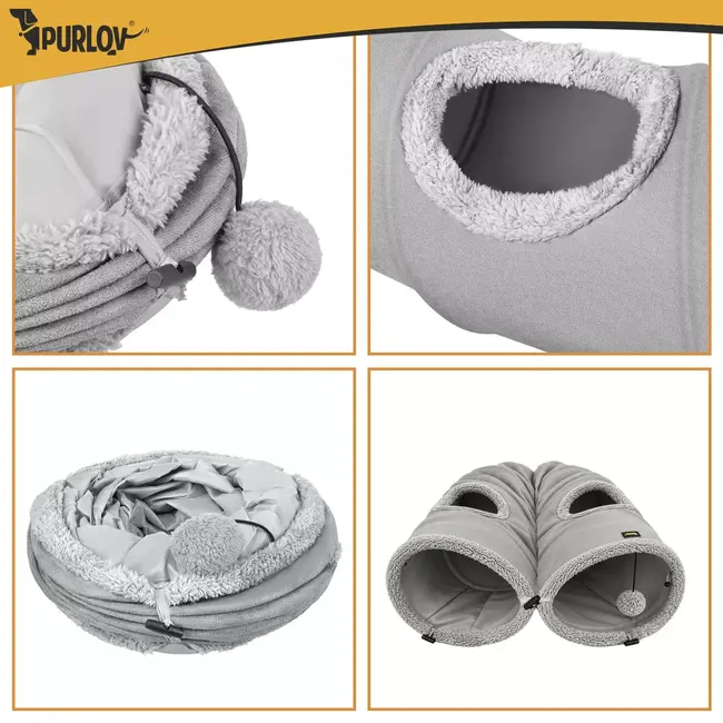 Purlov Kattentunnel 120 x 25 cm - Met 2 zijopeningen, ritselstof en hangend pluche speelballetje