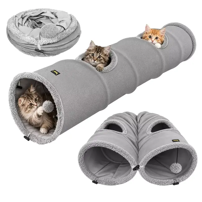 Purlov Kattentunnel 120 x 25 cm - Met 2 zijopeningen, ritselstof en hangend pluche speelballetje