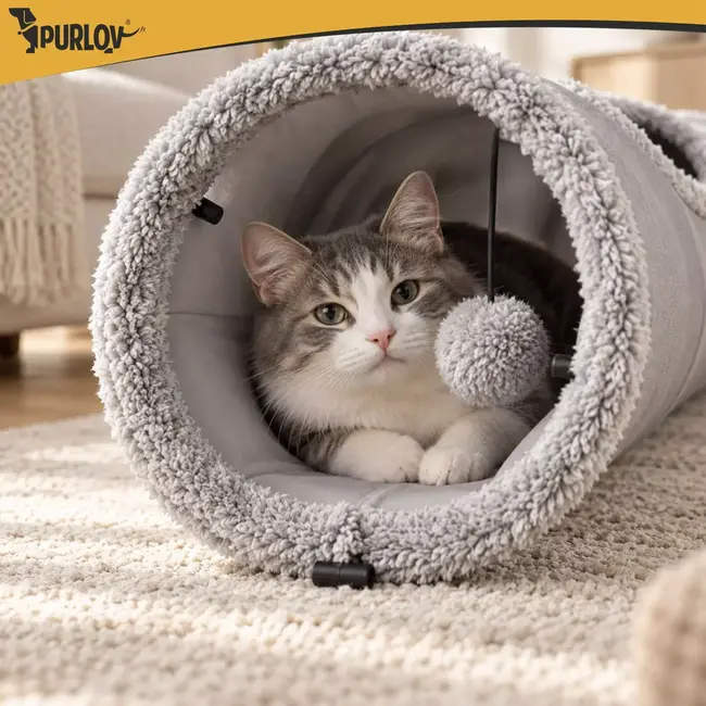 Purlov Kattentunnel 120 x 25 cm - Met 2 zijopeningen, ritselstof en hangend pluche speelballetje