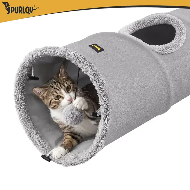 Purlov Kattentunnel 120 x 25 cm - Met 2 zijopeningen, ritselstof en hangend pluche speelballetje