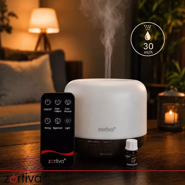 Zortiva Ultrasone luchtbevochtiger 300 ml - Geurverspreider met LED, timer en afstandsbediening