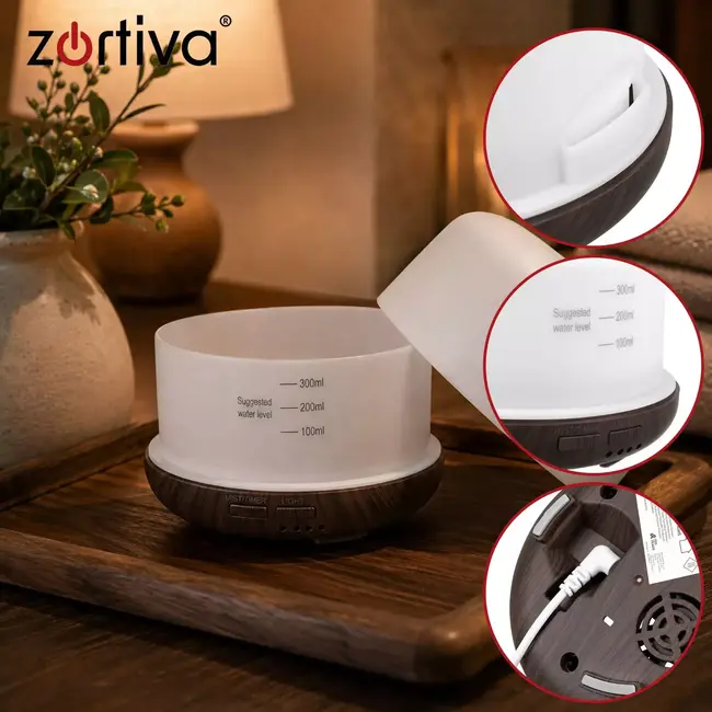 Zortiva Ultrasone luchtbevochtiger 300 ml - Geurverspreider met LED, timer en afstandsbediening