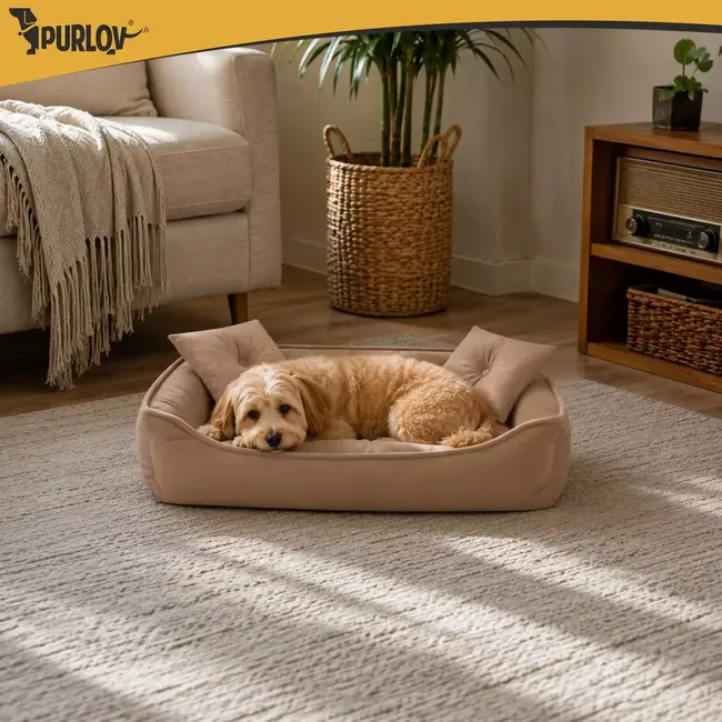 Purlov Hondenmand 70 x 50 cm - Beige honden- en kattenbed met opstaande randen en 2 zachte kussens