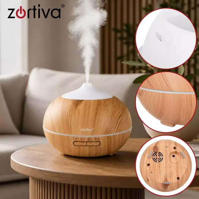 Zortiva Ultrasone luchtbevochtiger 400 ml - Geurverspreider met LED, timer en afstandsbediening