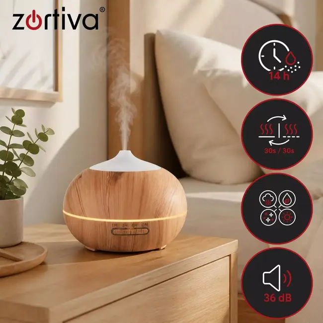 Zortiva Ultrasone luchtbevochtiger 400 ml - Geurverspreider met LED, timer en afstandsbediening