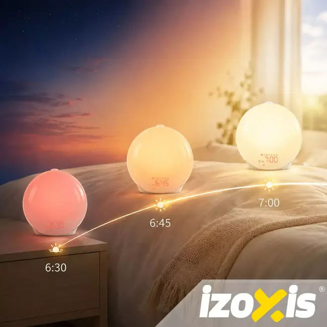 Izoxis Lichtwekker met zonsopgangsimulatie, FM-radio, 2 alarmen en 7 verschillende wekgeluiden