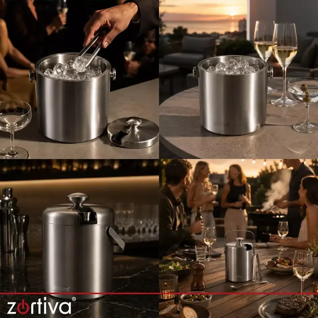 Zortiva Thermische ijsemmer 1,3 liter dubbelwandig met tang, lepel, zeefje en deksel voor drankjes