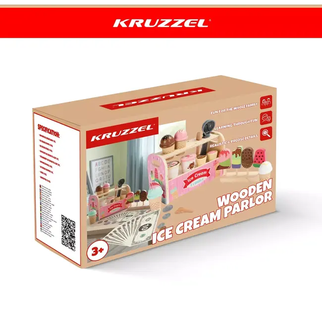 Kruzzel Houten ijssalon 33-delig met ijsjes, speelgoedgeld en accessoires voor creatief winkelspel