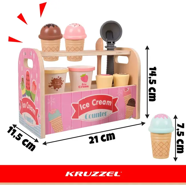 Kruzzel Houten ijssalon 33-delig met ijsjes, speelgoedgeld en accessoires voor creatief winkelspel