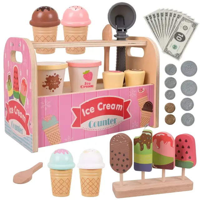 Kruzzel Houten ijssalon 33-delig met ijsjes, speelgoedgeld en accessoires voor creatief winkelspel