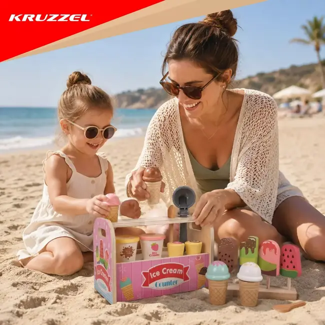Kruzzel Houten ijssalon 33-delig met ijsjes, speelgoedgeld en accessoires voor creatief winkelspel