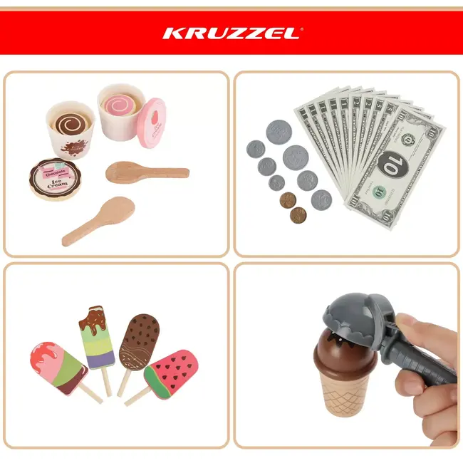 Kruzzel Houten ijssalon 33-delig met ijsjes, speelgoedgeld en accessoires voor creatief winkelspel
