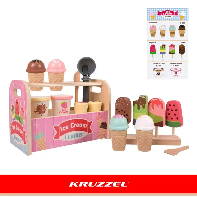 Kruzzel Houten ijssalon 33-delig met ijsjes, speelgoedgeld en accessoires voor creatief winkelspel