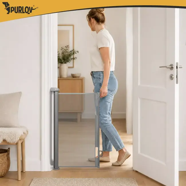 Purlov Veiligheidshekje huisdieren oprolbaar tot 157 cm grijs voor deuren en trappen